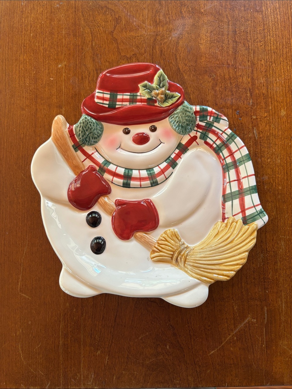 Fitz & Floyd Plaid Christmas Snowman Canape Plate Circa 2001